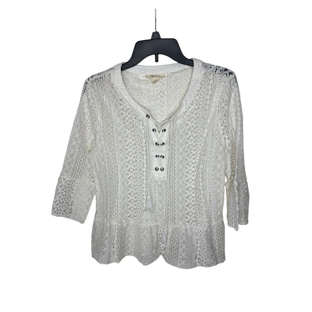 Style & Co Womens Ivory 3/4 Sleeve Lace Top Size L